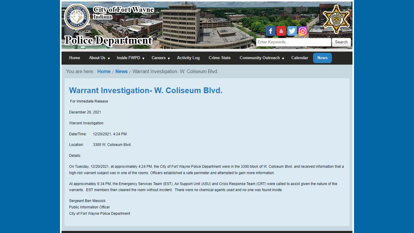Warrant Investigation- W. Coliseum Blvd. - Fort Wayne Police Department